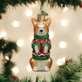 Old World Christmas WELSH CORGI w/Sweater Blown Glass Dog Ornament