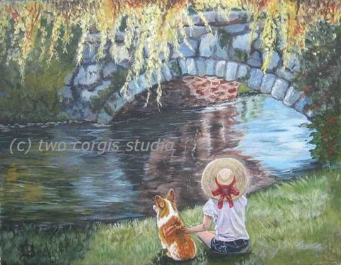 Artwork Corgi Matted Print 8 x 10 from the Painting A DAY BY THE STONE BRIDGE