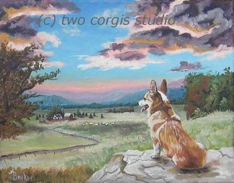 Artwork Corgi Matted Print 8 x 10 from the Painting SUNSET ON THE CORGI FARM