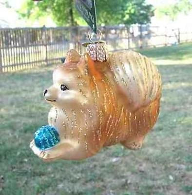 Old World Christmas POMERANIAN w/Ball Blown Glass Dog Ornament RETIRED 2022