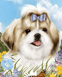 Outdoor Small Flag Shih Tzu Gold White Dog Summer Flowers Garden Flag