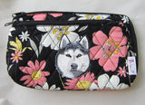 Quilted Fabric SIBERIAN HUSKY HEAD Floral Dog Breed Zipper Pouch Cosmetic Bag