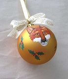 Artist Painted RED FOX MASK FACE 3" Gold Ball Christmas Ornament GORGEOUS!