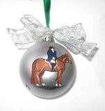 Artist Painted HORSE/RIDER CHESTNUT Horse Silver 3" Ball Christmas Ornament
