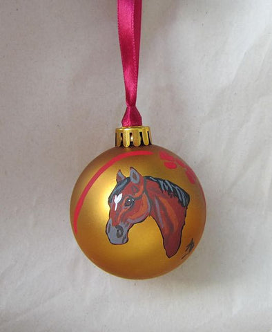 Artist Painted HORSE HEAD BAY Gold Small Ball Christmas Ornament NICE!