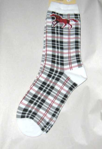 Horse Adult Socks HORSE PLAID Blk White Red size Medium Made in USA