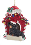 Cute DACHSHUND BLACK in Red Dog House Resin Xmas Ornament