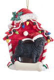 Cute PUG BLACK in Red Dog House Resin Xmas Ornament