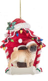 Cute PUG FAWN in Red Dog House Resin Xmas Ornament