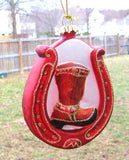 Blown Glass COWBOY BOOT Red Horseshoe Xmas Ornament...Clearance Priced
