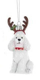 Glass Dog POODLE WHITE w/Antlers Dog Breed Christmas Ornament
