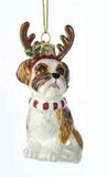 Glass Dog SHIH TZU Brown/Wht w/Antlers Dog Breed Christmas Ornament