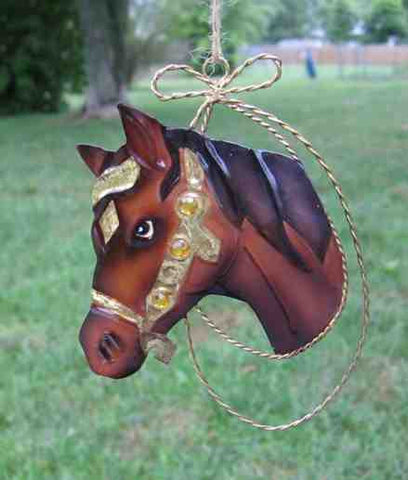 Tin HORSE HEAD Brown w/Jewel Accents Xmas Ornament...Clearance Priced
