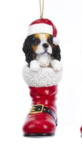 Santa Boot CAVALIER KING CHARLES TRI Color Dog Breed Resin Christmas Ornament